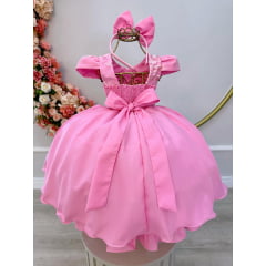 Vestido Infantil Rosa Chiclete Renda Damas C/ Pérolas Tiara