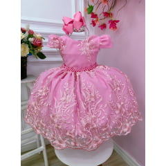 Vestido Infantil Rosa Chiclete Renda Realeza Cinto Pérolas