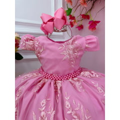 Vestido Infantil Rosa Chiclete Renda Realeza Cinto Pérolas