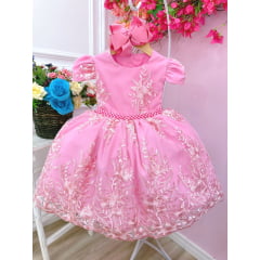 Vestido Infantil Rosa Chiclete Renda Realeza Cinto Pérolas