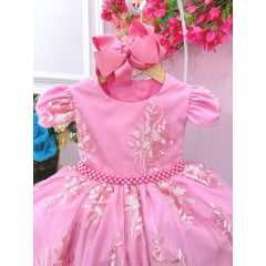 Vestido Infantil Rosa Chiclete Renda Realeza Cinto Pérolas