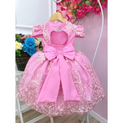 Vestido Infantil Rosa Chiclete Renda Realeza Cinto Pérolas