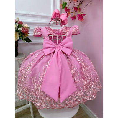 Vestido Infantil Rosa Chiclete Renda Realeza Cinto Pérolas