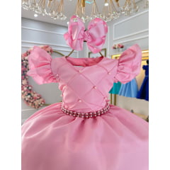 Vestido Infantil Rosa Claro Busto Nervura C/ Pérolas Festas