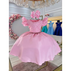 Vestido Infantil Rosa Claro Busto Nervura C/ Pérolas Festas