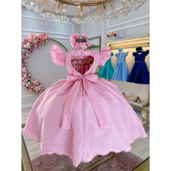 Vestido Infantil Rosa Claro Busto Nervura C/ Pérolas Festas