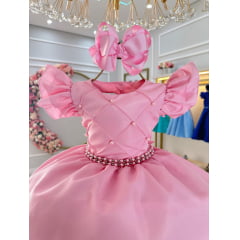 Vestido Infantil Rosa Claro Busto Nervura C/ Pérolas Festas