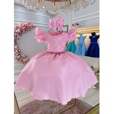 Vestido Infantil Rosa Claro Busto Nervura C/ Pérolas Festas