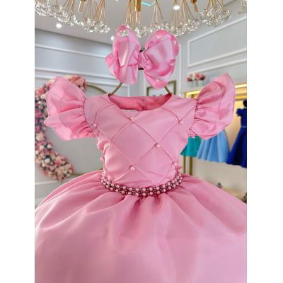 Vestido Infantil Rosa Claro Busto Nervura C/ Pérolas Festas