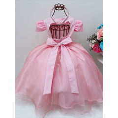 Vestido Infantil Rosa Claro Renda Cinto Pérolas C/ Tiara