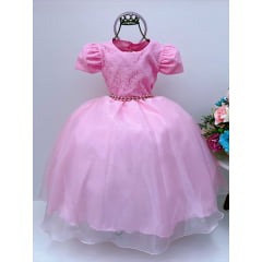 Vestido Infantil Rosa Claro Renda Cinto Pérolas Tiara