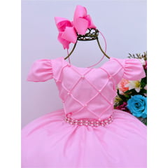 Vestido Infantil Rosa Com Cinto de Pérolas Casamento Luxo