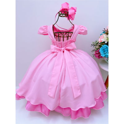 Vestido Infantil Rosa Com Cinto de Pérolas Casamento Luxo