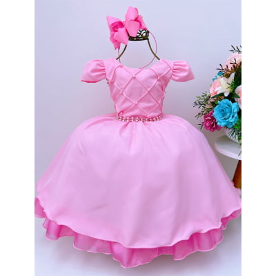 Vestido Infantil Rosa Com Cinto de Pérolas Casamento Luxo