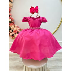 Vestido Infantil Rosa Escuro C/ Cinto de Pérolas Daminhas Luxo