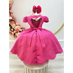 Vestido Infantil Rosa Escuro C/ Cinto de Pérolas Daminhas Luxo