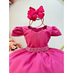 Vestido Infantil Rosa Escuro C/ Cinto de Pérolas Daminhas Luxo