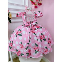 Vestido Infantil Rosa Floral C/ Cinto Pérolas Casamento Luxo