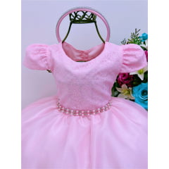 Vestido Infantil Rosa Renda Damas Cinto Pérolas C/ Tiara