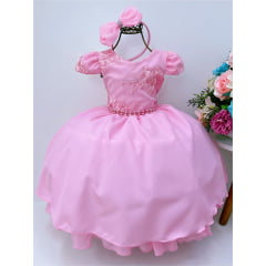 Vestido Infantil Rosa Renda Damas Cinto Pérolas e Tiara