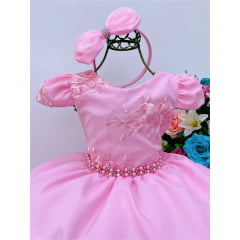Vestido Infantil Rosa Renda Damas Cinto Pérolas e Tiara