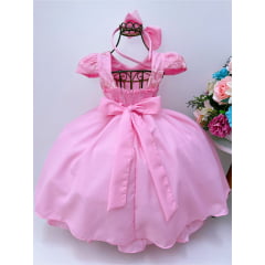Vestido Infantil Rosa Renda Damas Cinto Pérolas e Tiara