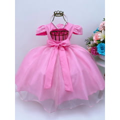 Vestido Infantil Rosa Chiclete Renda Cinto Pérolas C/ Tiara