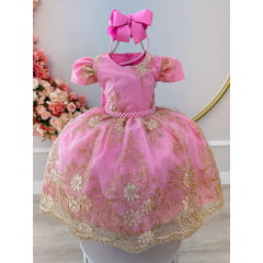 Vestido Infantil Rosa Renda Realeza Cinto de Pérolas Damas