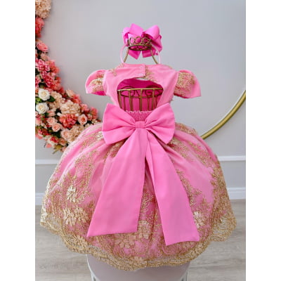 Vestido Infantil Rosa Renda Realeza Cinto de Pérolas Damas