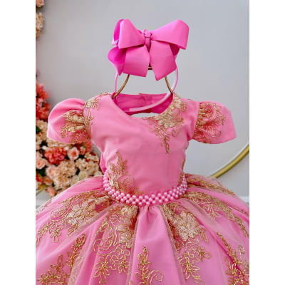 Vestido Infantil Rosa Renda Realeza Cinto de Pérolas Damas