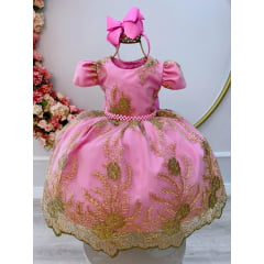 Vestido Infantil Rosa Renda Realeza Damas Cinto de Pérolas