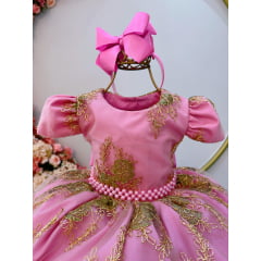 Vestido Infantil Rosa Renda Realeza Damas Cinto de Pérolas