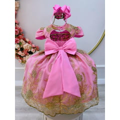 Vestido Infantil Rosa Renda Realeza Damas Cinto de Pérolas