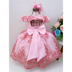 Vestido Infantil Rosa Renda Realeza Festa Cinto de Pérolas