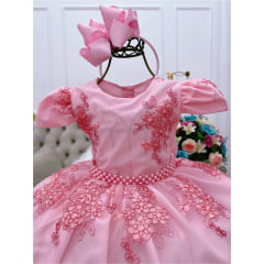 Vestido Infantil Rosa Renda Realeza Festa Cinto de Pérolas