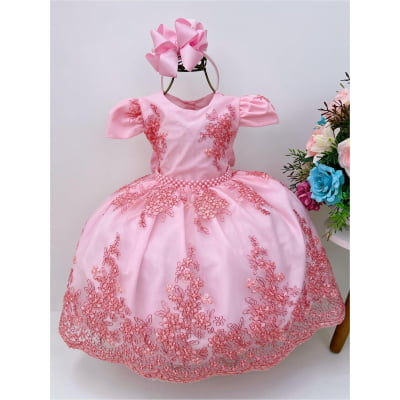 Vestido Infantil Rosa Renda Realeza Festa Cinto de Pérolas