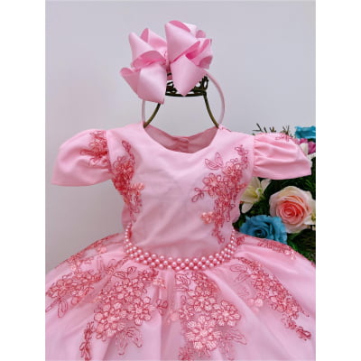 Vestido Infantil Rosa Renda Realeza Festa Cinto de Pérolas