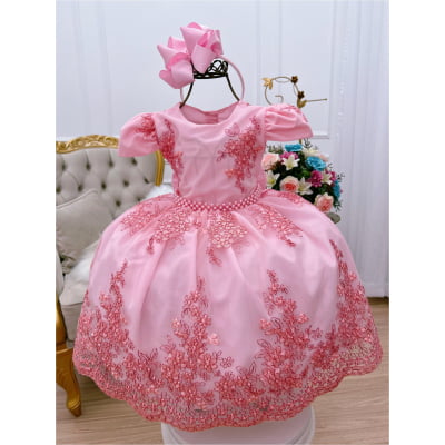 Vestido Infantil Rosa Renda Realeza Festa Cinto de Pérolas