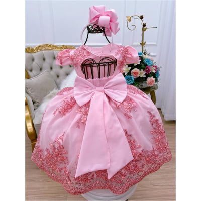 Vestido Infantil Rosa Renda Realeza Festa Cinto de Pérolas