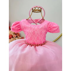 Vestido Infantil Rosa Renda Rosa Chiclete C/ Pérolas Dama