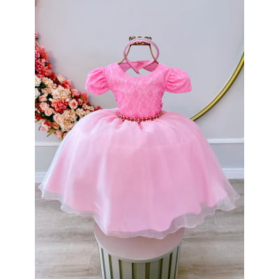 Vestido Infantil Rosa Renda Rosa Chiclete C/ Pérolas Dama