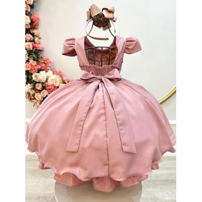 Vestido Infantil Rose Busto Nervura Daminhas Festas Luxo
