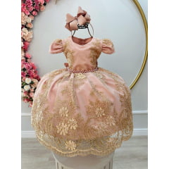 Vestido Infantil Rose C/ Renda Dourada Realeza Cinto Pérolas