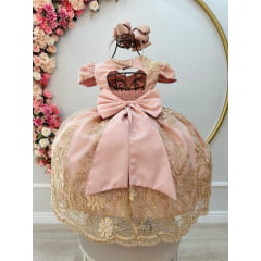 Vestido Infantil Rose C/ Renda Dourada Realeza Cinto Pérolas