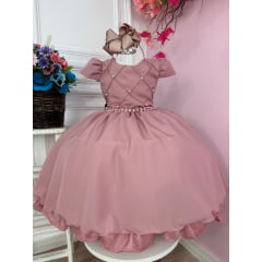 Vestido Infantil Rose Peito Nervura C/ Cinto de Pérolas Luxo