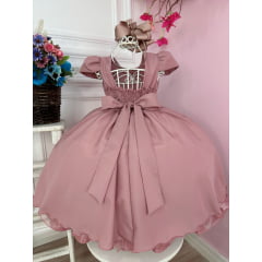 Vestido Infantil Rose Peito Nervura C/ Cinto de Pérolas Luxo
