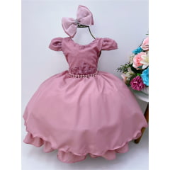 Vestido Infantil Rose Renda Damas Cinto Pérolas e Laço