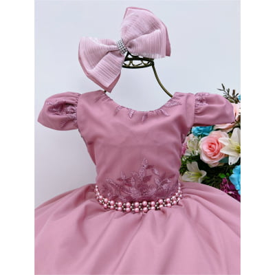 Vestido Infantil Rose Renda Damas Cinto Pérolas e Laço