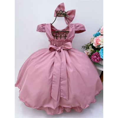 Vestido Infantil Rose Renda Damas Cinto Pérolas e Laço