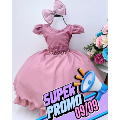 Vestido Infantil Rose Renda Damas Cinto Pérolas e Laço